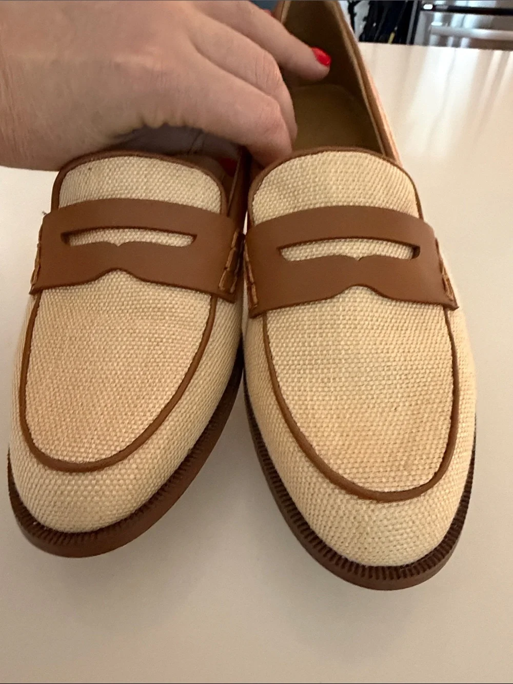 J. Crew Cream Canvas and Brown Leather Penny Loafers
